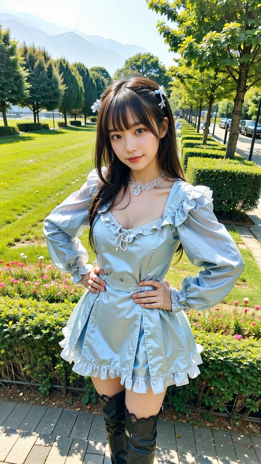 (8K、RAW Photos、Highest quality、masterpiece:1.2)、(Highest quality、Realistic)、1 Girl、((ribbon、Sweater Moon Costume、See-through、Frills、Big Breasts、Breast enlargement、smile、light blue、mini skirt、Thin legs、whole body、boots、garden、View from the front、Looking into the camera、Idol Costume、Stand with hands on hips))、cute