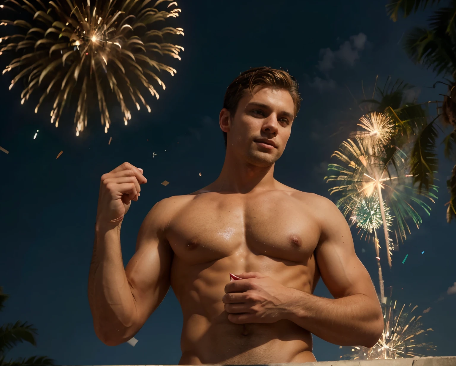 ((Handsome 35 year old caucasian male with desireable features standing topless with hands on hips, an American flag wrapped around his lower body)), colorful fireworks and confetti in the background, BREAK, medium length light brown hair, cropped sides, clean shaven face, no facial hair, intriguing green eyes, BREAK, athletic physique, bright studio lighting highlights his excellent features