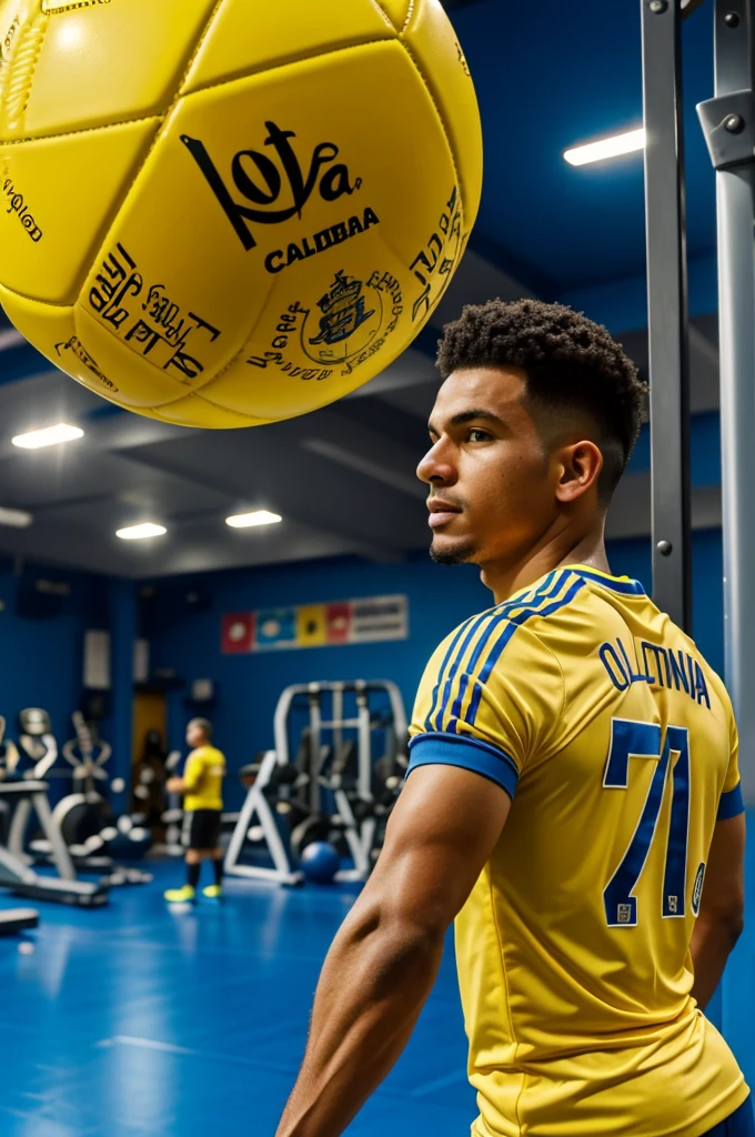 Disney man with the Colombia t-shirt, on the shirt the name of joyita and the number 7 on the back, in a gym in the background watching a soccer game