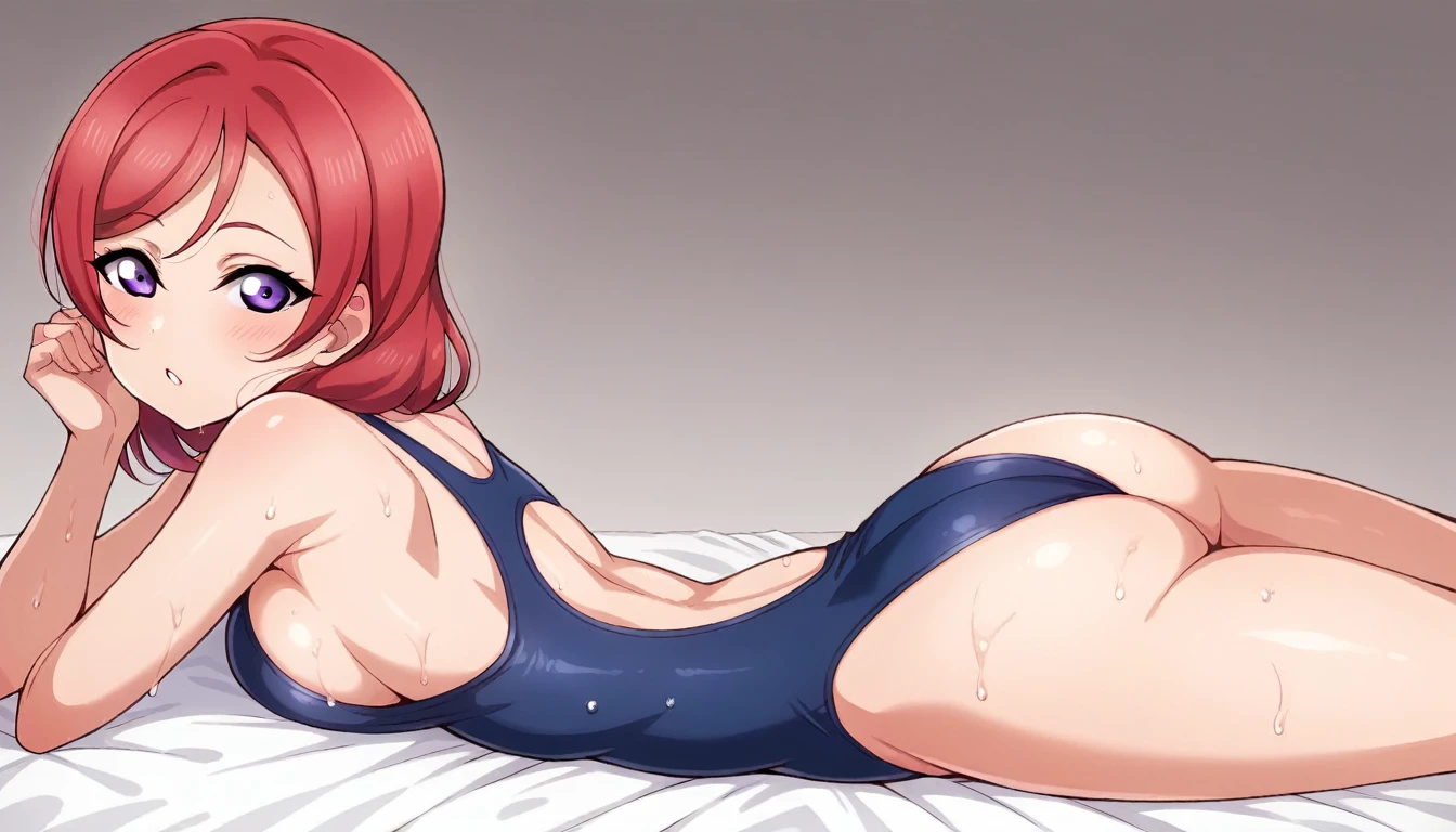 masterpiece, best quality, highres, nishikino maki,purple eyes, red hair, sideboob,one-piece swimsuit,low cut at hips, laying on stomach ,on bed, looking at viewer , (love live style),Sexual seduction,wet body , breasts press