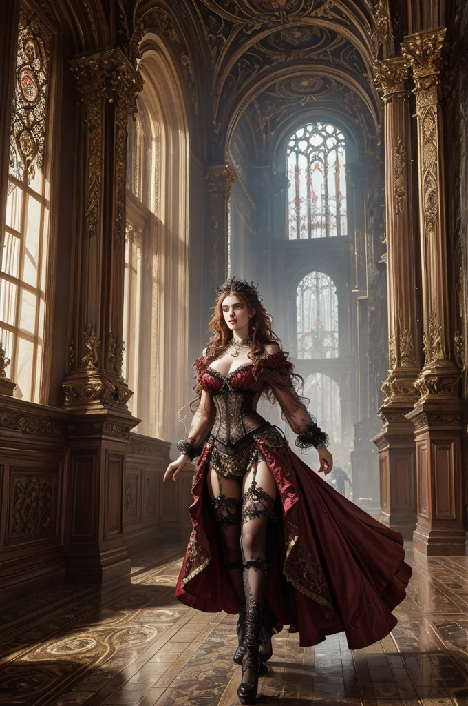 Neo-Baroque, victorian era hungarian female xix century female, hazel hair, red lips, pretty features, Wadim Kashin, James Gurney, Ink, splash art", amazing beauty, Royo, Bak, hyperdetailed Splash artmodern European ink paintingornate and elaborate, dynamic, Neo-Baroque, full body shot, walking in a king’s hall
