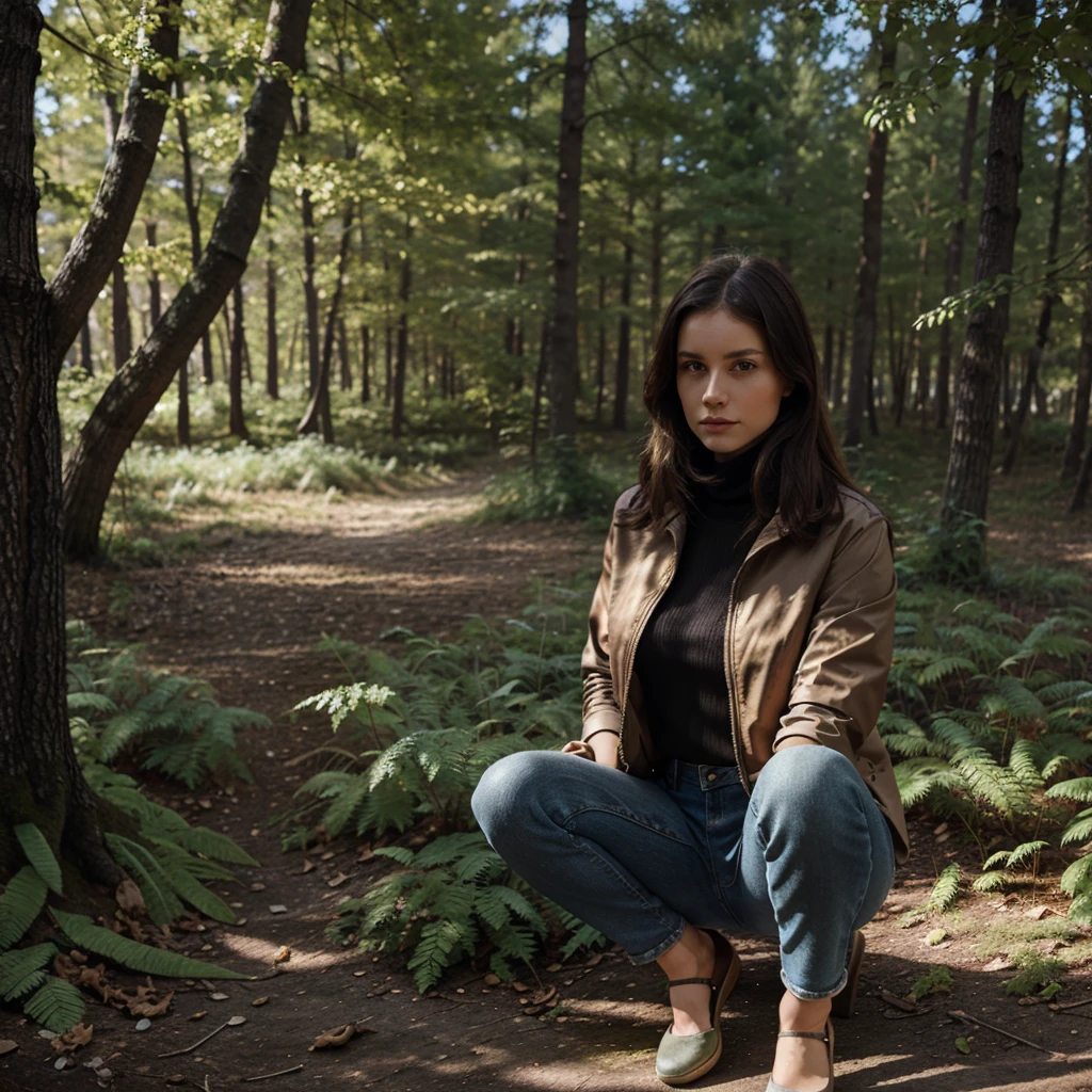 Dasha_taran, colored summer jacket, turtleneck, jean en jean noir, style avant-gardiste, forest a painting of leaves&#39;automne sur le sol, ((yeux parfaits, detailed eyes,Realistic eyes)), ((sharp face, detailed face, realistic face, natural skin, realistic skin, detailed skin, pores)), (head of&#39;artwork, best quality, ultra-detailed, best shadow), high contrast, (better lighting), ((Cinematic light)), colored, hyper detail, dramatic light, intricate details, (1 fille, bare) , Ultra detailed artistic photography, dreamer, backlit, shadows, Ultra high definition, 8K, Mise au point ultra nette, very high quality model, Soft lighting, photographie argentique, analog photography, hyperrealism,