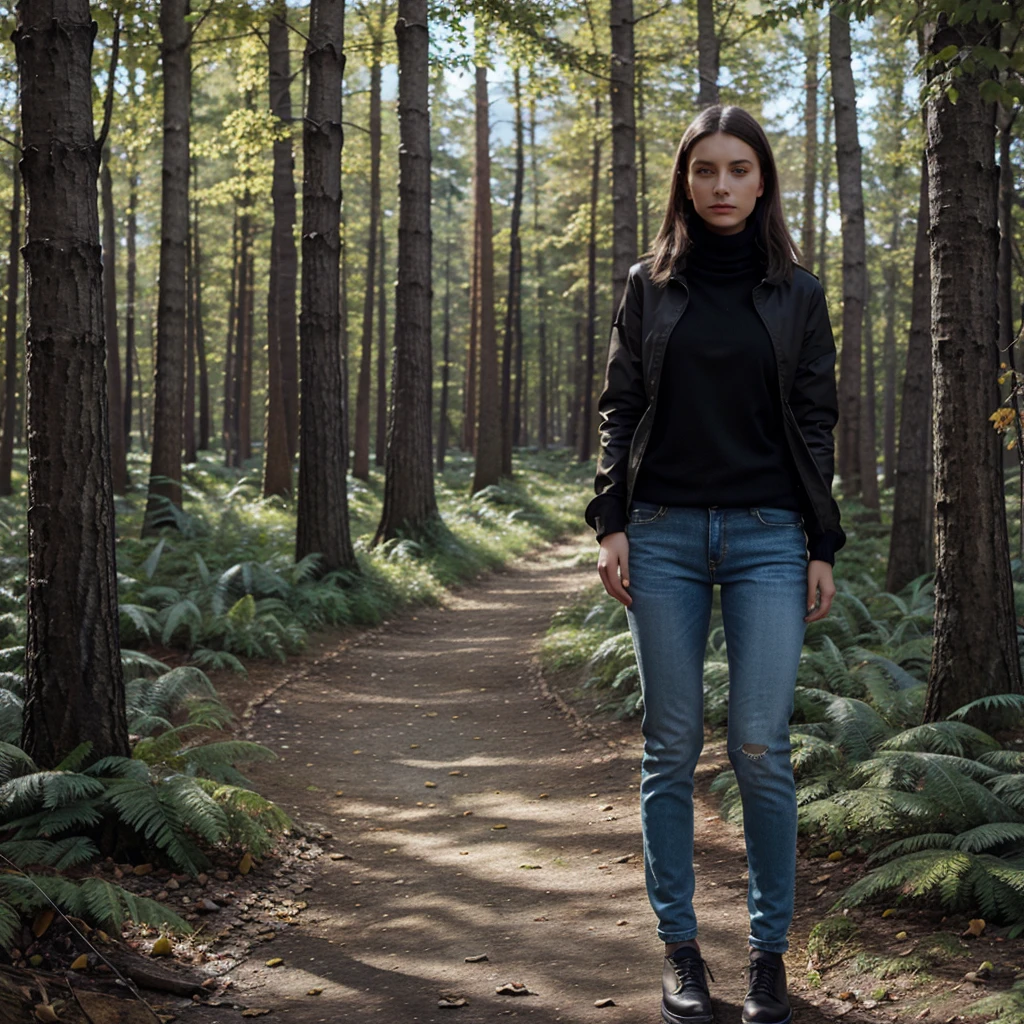 Dasha_taran, colored summer jacket, turtleneck, jean en jean noir, style avant-gardiste, forest a painting of leaves&#39;automne sur le sol, ((yeux parfaits, detailed eyes,Realistic eyes)), ((sharp face, detailed face, realistic face, natural skin, realistic skin, detailed skin, pores)), (head of&#39;artwork, best quality, ultra-detailed, best shadow), high contrast, (better lighting), ((Cinematic light)), colored, hyper detail, dramatic light, intricate details, (1 fille, bare) , Ultra detailed artistic photography, dreamer, backlit, shadows, Ultra high definition, 8K, Mise au point ultra nette, very high quality model, Soft lighting, photographie argentique, analog photography, hyperrealism,