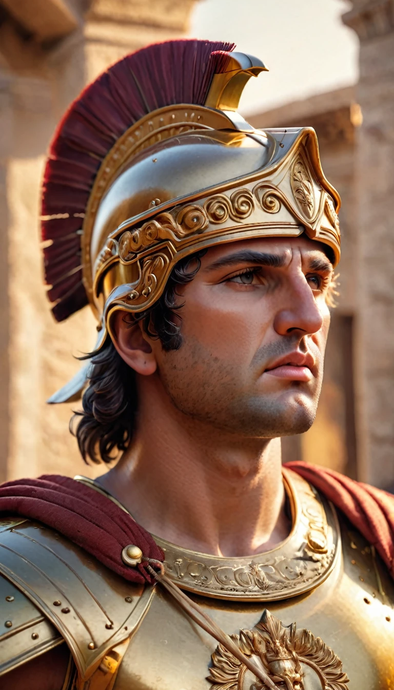 "Realistic portrait of Alexander the Great, ancient Greek military leader, wearing traditional Macedonian armor and helmet, with a determined expression, detailed and historically accurate."

