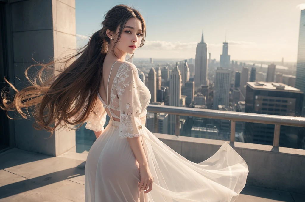 [[[Ultra Detail]]], [[[realistic]]], [[[depth of field]]], full body, back, head tilt, incredibly detailed, longuette, 1 girls, 30 years old, very long hair, curly hair, high ponytail, light brown hair, beatiful detailed hair, Perfect face, Delicate arms and hands, slim legs, white skin, piercing, oversized clothes, large top sleeves, Long skirt, open clothes, cityscape, delicate background, blurry background, an extremely delicate and beautiful, [[[wallpaper 8k CG]]], [[[best quality]]], [[[best masterpiece]]],Ukrainian、Baby Face