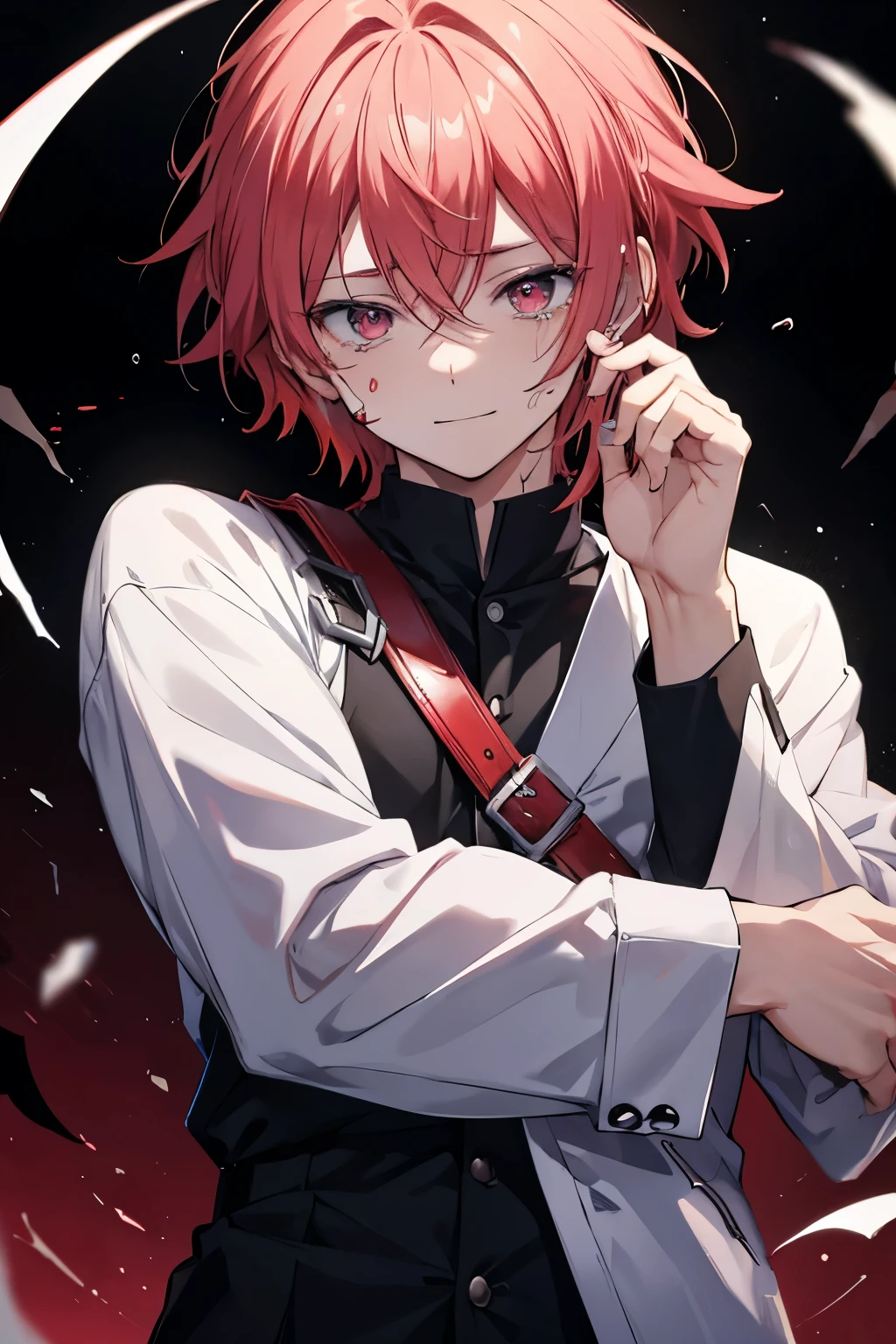 Male anime character, 18 year old man, anime character crying, anime character holding a knife above his head, he smiles sadistically, blood runs down his body, the blood on his face mixes with his tears