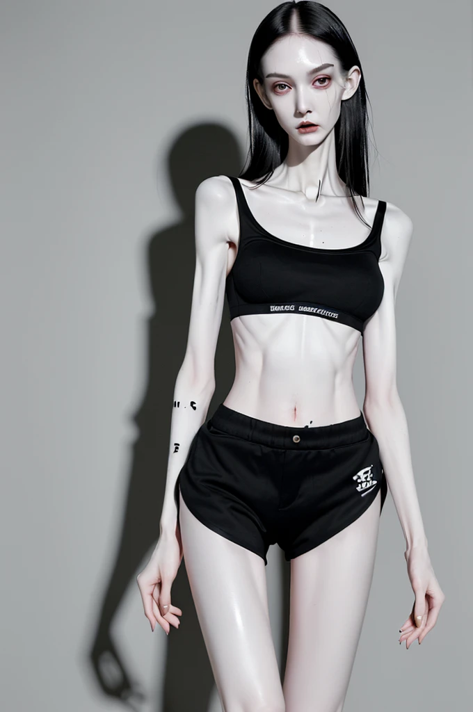 a woman, very thin body, body visible bones, very slender , sweaty weat body, pale white skin, wearing tight black shorts, bra ,tatto, full body,