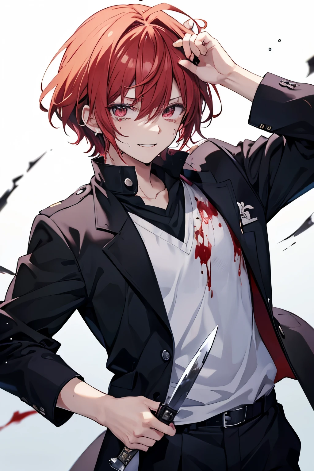 Male anime character, 18 year old man, anime character crying, anime character holding a knife above his head, he smiles sadistically, blood runs down his body, the blood on his face mixes with his tears