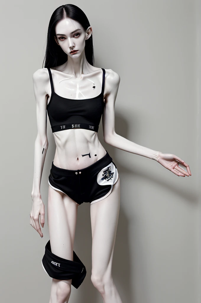 a woman, very thin body, body visible bones, very slender , sweaty weat body, pale white skin, wearing tight black shorts, bra ,tatto, full body,