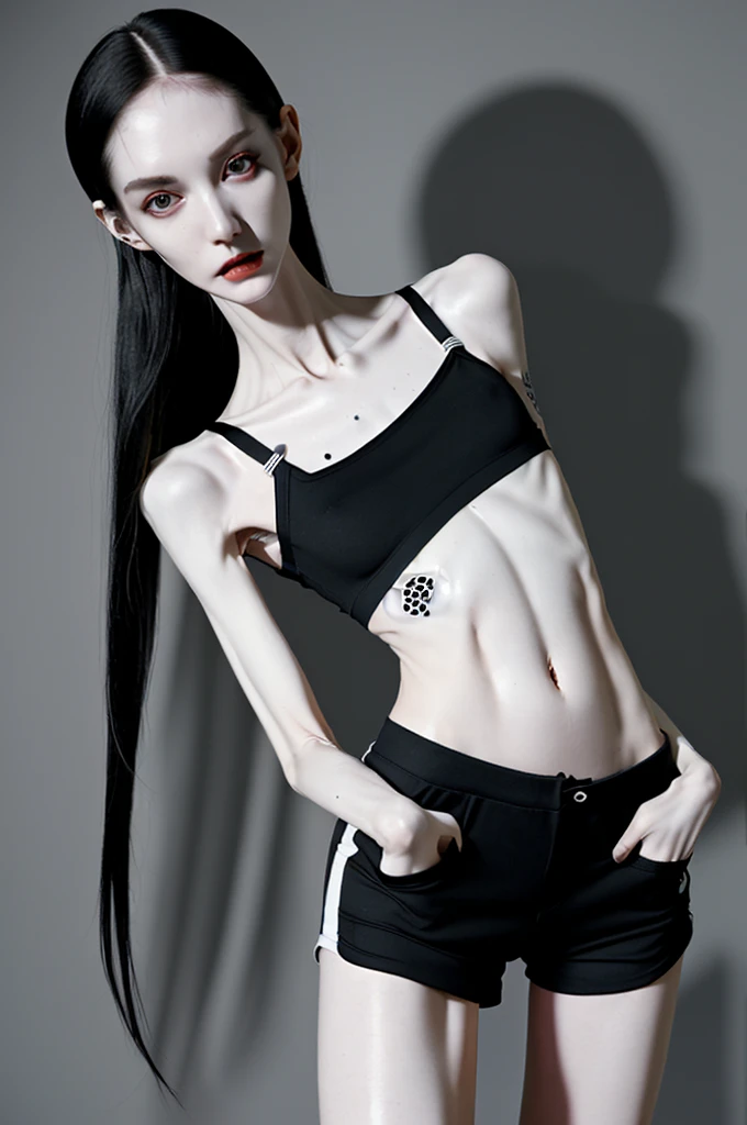a woman, very thin body, body visible bones, very slender , sweaty weat body, pale white skin, wearing tight black shorts, bra ,tatto, full body,