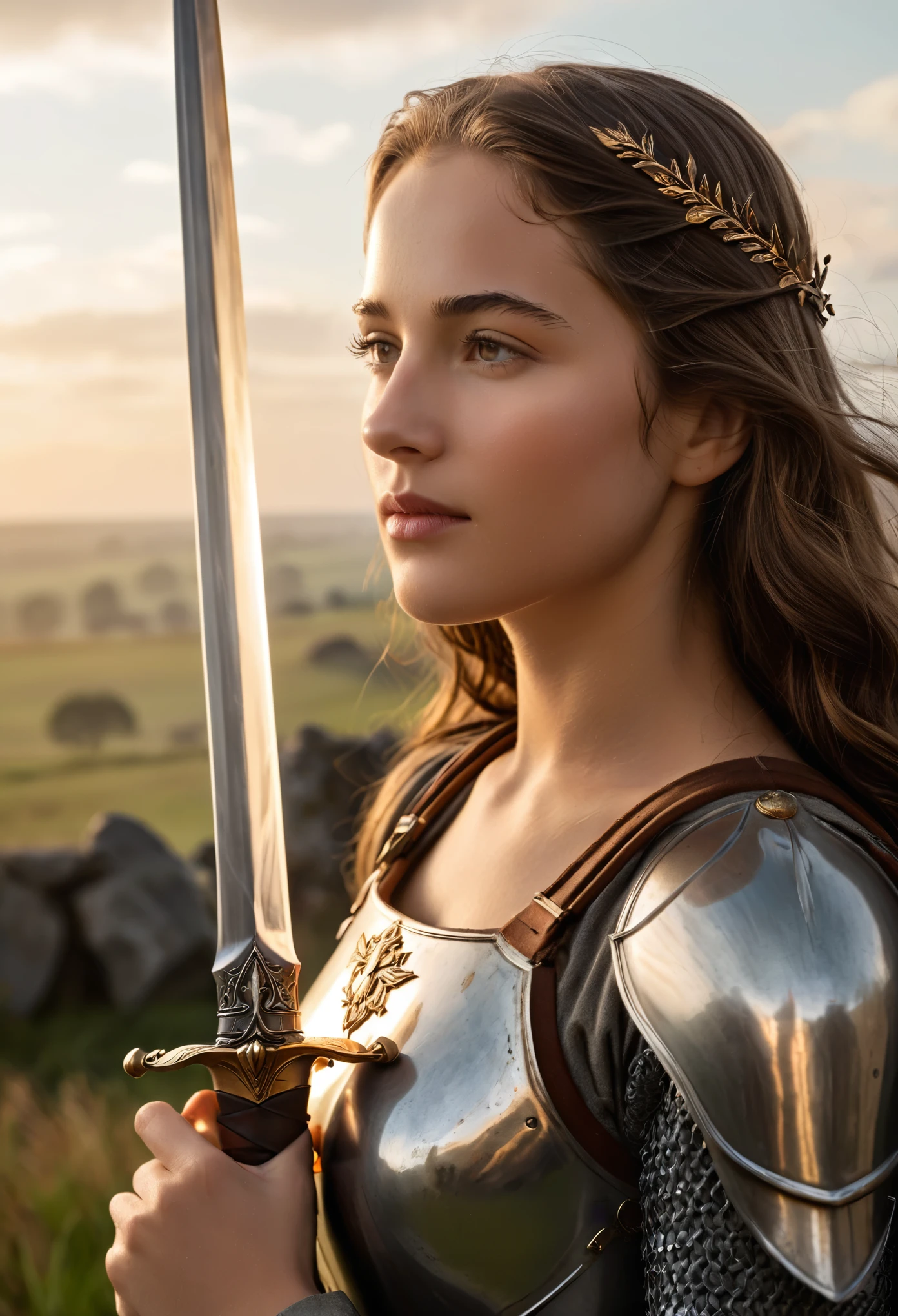 (best quality, 4k, 8k, highres, masterpiece:1.2), ultra-detailed, (realistic, photo realistic,photo-realistic:1.37), 
yo Joan of Arc stands in a serene moment of contemplation, her delicate features framed by the soft, golden light of dawn. Her face is youthful and serene, with high cheekbones, gentle eyes that convey both vulnerability and unwavering faith, and lips that form a slight, determined smile. There is a subtle, almost otherworldly glow to her skin, emphasizing her divine inspiration.

Her long, wavy hair, the color of chestnut, cascades down her back, free from the confinement of a helmet. A few loose strands gently flutter in the breeze, adding to her ethereal appearance. She is dressed in a simple yet elegant suit of armor, its polished surface reflecting the morning light. The armor, though functional, is beautifully crafted, with delicate engravings of lilies and religious symbols that speak to her holy mission.

In one hand, she holds a slender, elegant sword, its blade shining with an inner light. The sword is both a weapon and a symbol of her divine purpose. In her other hand, she lightly grasps a banner, the flag of France, its fabric gently waving in the soft breeze. The banner is pristine, its vibrant colors a stark contrast to the somber tones of the battlefield in the distance.

Joan stands on a hill overlooking the battlefield, a look of serene determination on her face. The landscape around her is tranquil, with the early morning mist rising from the ground and the first rays of sunlight breaking through the clouds. In the background, the distant sounds of battle are muted, creating a poignant contrast between the chaos of war and the calm resolve of this young heroine.
