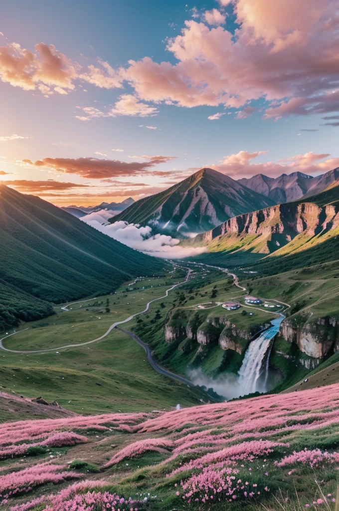 Create a video of waterfalls from the top of the mountains and sunsets with pink sky while clouds moving and the ground with grass with pink flowers and wind is blowing
