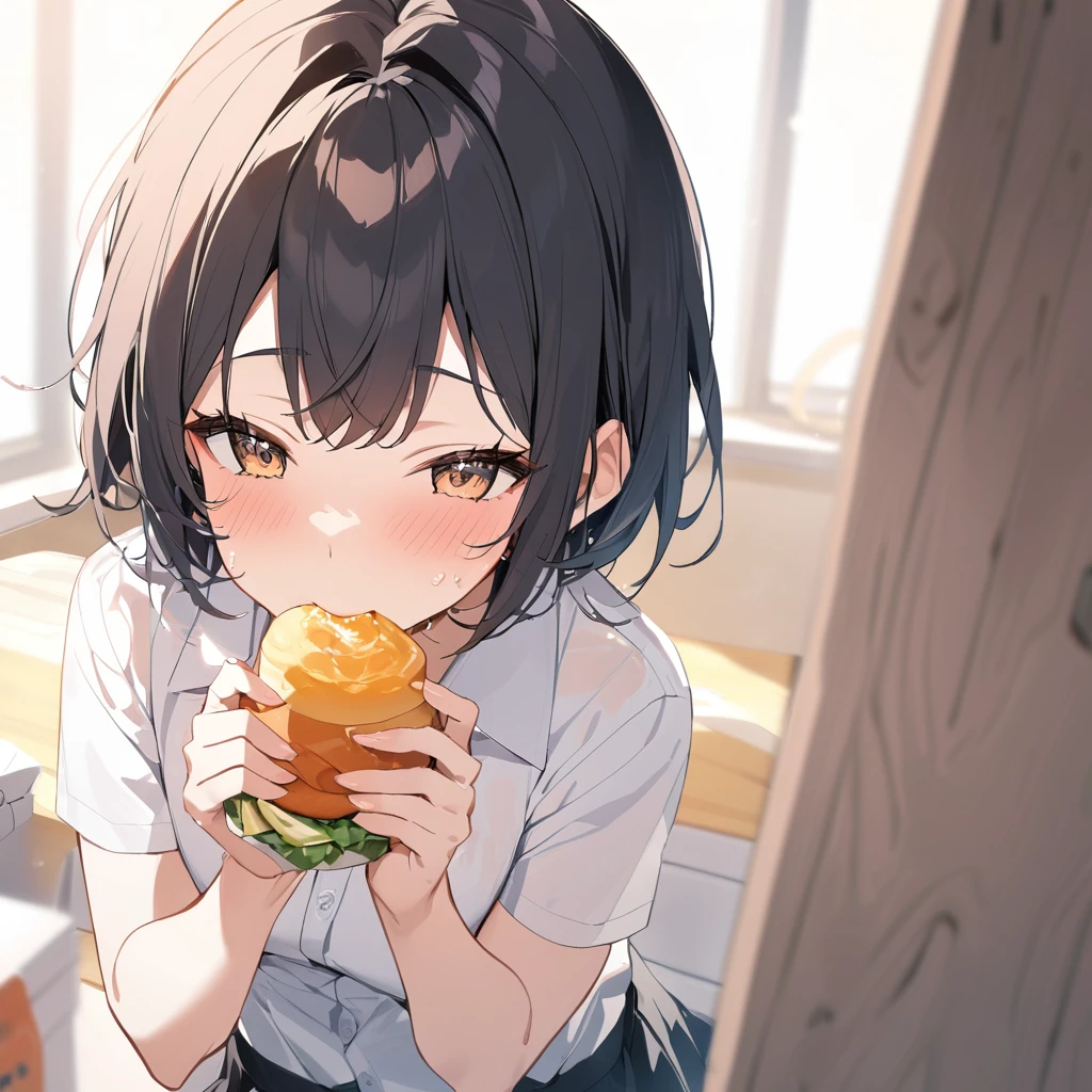 1girl, solo, masterpiece, best quality, unity 8k wallpaper, illustration, ultra-detailed, full-face blush, heavy breathing, wavy mouth, food, pancake, hot, table, sitting <lyco:torogao_v3-000010:1.2>, tears, <lora:heartEyes_v1.0:0.5>, heart-shaped_pupils, (drool:1.4)