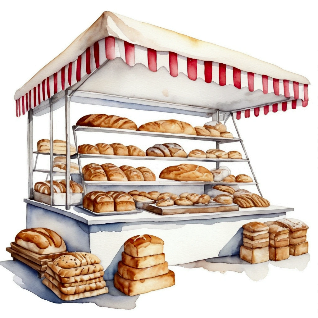 Traditional bakery food stall, many type full of bread, cake illustration, baking ingredients, isolated with solid white background, surrounded with negative space, centered composition, 8k, highest detailed painting, very precise painting, Isolated, clear solid white background, perspective angle of view, cartoon style, ((watercolor:1)), clip art, (lora:add-detail-xl:1), (masterpiece), (best quality),
