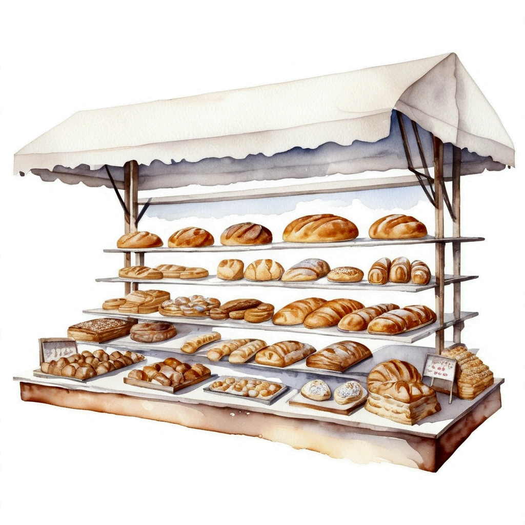 Traditional bakery food stall, many type full of bread, cake illustration, baking ingredients, isolated with solid white background, surrounded with negative space, centered composition, 8k, highest detailed painting, very precise painting, Isolated, clear solid white background, perspective angle of view, cartoon style, ((watercolor:1)), clip art, (lora:add-detail-xl:1), (masterpiece), (best quality),