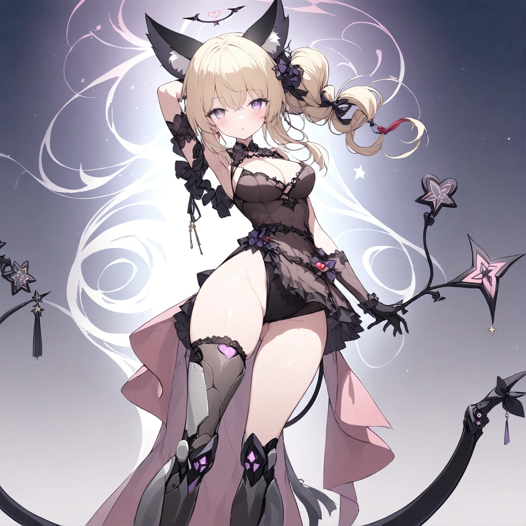 Woman 170cm tall, big chest, wide hip. (character design sheet: Full body front view). (blonde hair, waist-length curly wavy hair with a short center strand, She has a short braid tied with an elegant purple bow on the left side of her hair.. She has a short braid tied with an elegant purple bow on the right side of her hair. She has small ribbons in the back of her hair.). Gray eyes with a purple 4-pointed star in the pupil. Two black and purple serval ears located on the top of the head. Luminous black halo with purple star patterns above his head. black necklace with a heart emblem on the neck. (Elegant one-piece long dress with lace and ruffle skirt, ribbon decorations and star patterns on the dress). black gloves, beautiful black platform heels. gray belt at the waist with a large ribbon with a luminous pink heart in the middle. He has a complex demon tail with a small purple star on the tip.. (It has complex mechanical legs that reach up to the thighs and are black with small purple details.). beautiful detailed hair, beautiful detailed dress. extremely detailed arms. extremely detailed face, small face, Beautiful detailed eyes, beautiful detailed lips. adorable. extremely detailed legs. (Best Quality, 4k, 8k, high resolution), ultra detailed, Exquisite and epic character art.