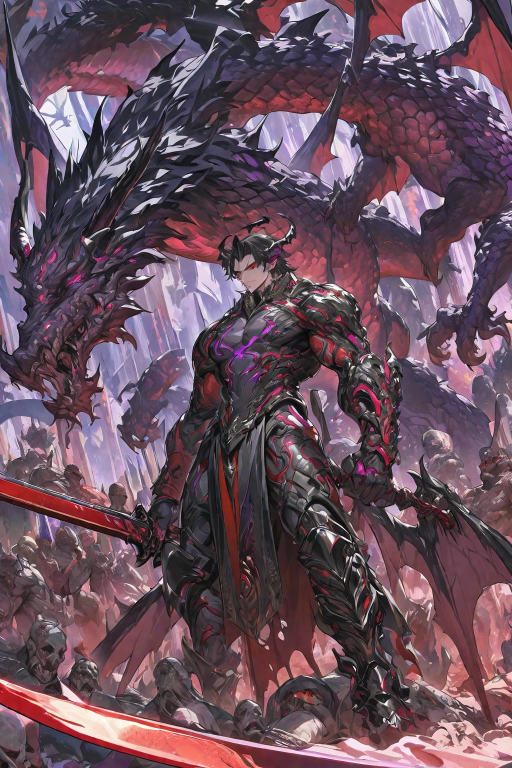 Best quality 8K resolution, Highly detailed, Digital Painting, Concept art, of the highest quality, One, beautiful, 1 man, adult man, with a sporty body, V-shaped body, black detailed armor with glowing purple details, black demonic horns, with large and long dragon wings, short hair, black hair, purple with red tones reptile eyes, a man has a huge and long sword in his hand, Against the background of 100 corpses