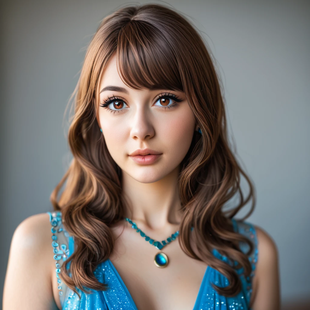 precise portrait, woman with a well-trimmed hairy and shaggy beard, medium-long brown hair with side bangs, hypnotizing brown eyes, blue dancer's dress
