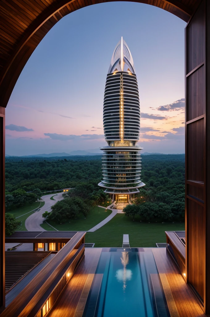 Resort with two Zaha Hadid style hotel tower with wood and metal texture, hotel with infinity pool, a twilight with farm sunset in high quality, cattle farm, 8k UHD