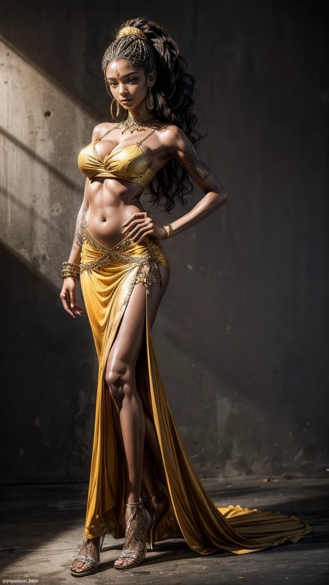 African fashion model,Sexy tattoos all over the body,Sexy slim hot figure、Slim and tanned body,Sexy long curly hair ponytail,Sexy yellow double slit see-through T-back long skirt ,Sexy cleavage、Belly showing in strapless yellow bra and high heels、Standing in a sexy pose, Full body image, During photography,Super detailed face,Super detailed body,Super detailed, masterpiece,12k,HD quality