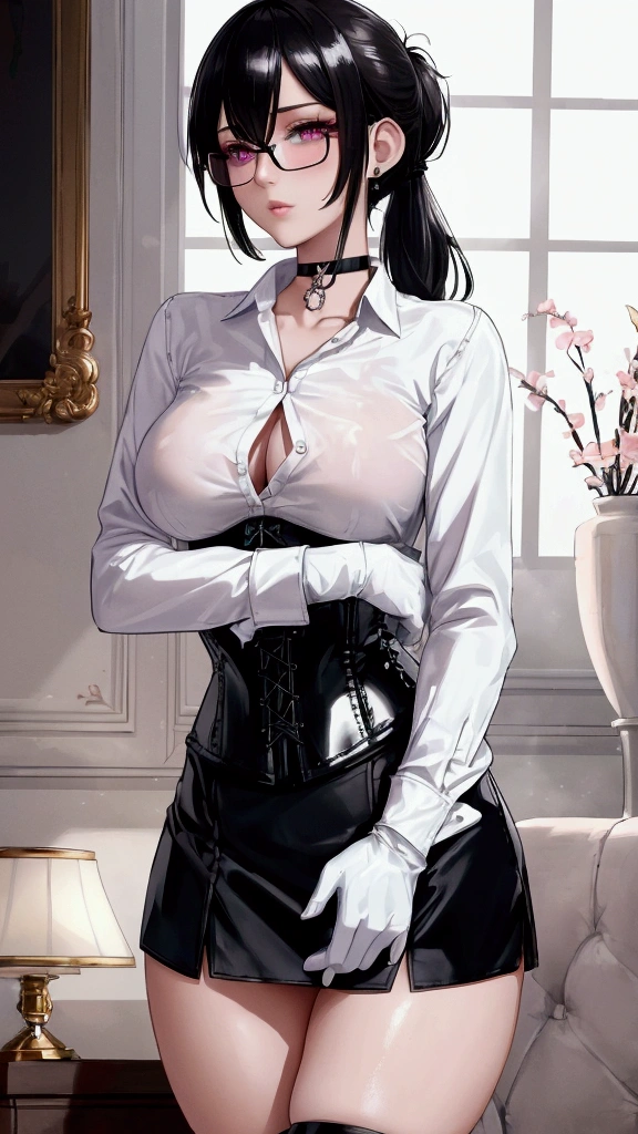 Masterpiece, Beautiful art, professional artist, 8k, Very detailed face, Detailed clothing, detailed fabric, 1 girl, View from the front, standing, crossed arms, pose sexy, BIG BREASTS, perfectly drawn body, shy expression, pale skin, beautiful face, black hair short ponytail, 4k eyes, very detailed eyes, pink cheeks, glasses, choker:1.6, (white long sleeve button down shirt with white collar), black gloves, gloves that cover hands, (black leather corset), (shiny black tight mini skirt), Sensual Lips, show details in the eyes, Elegant living room,  At night