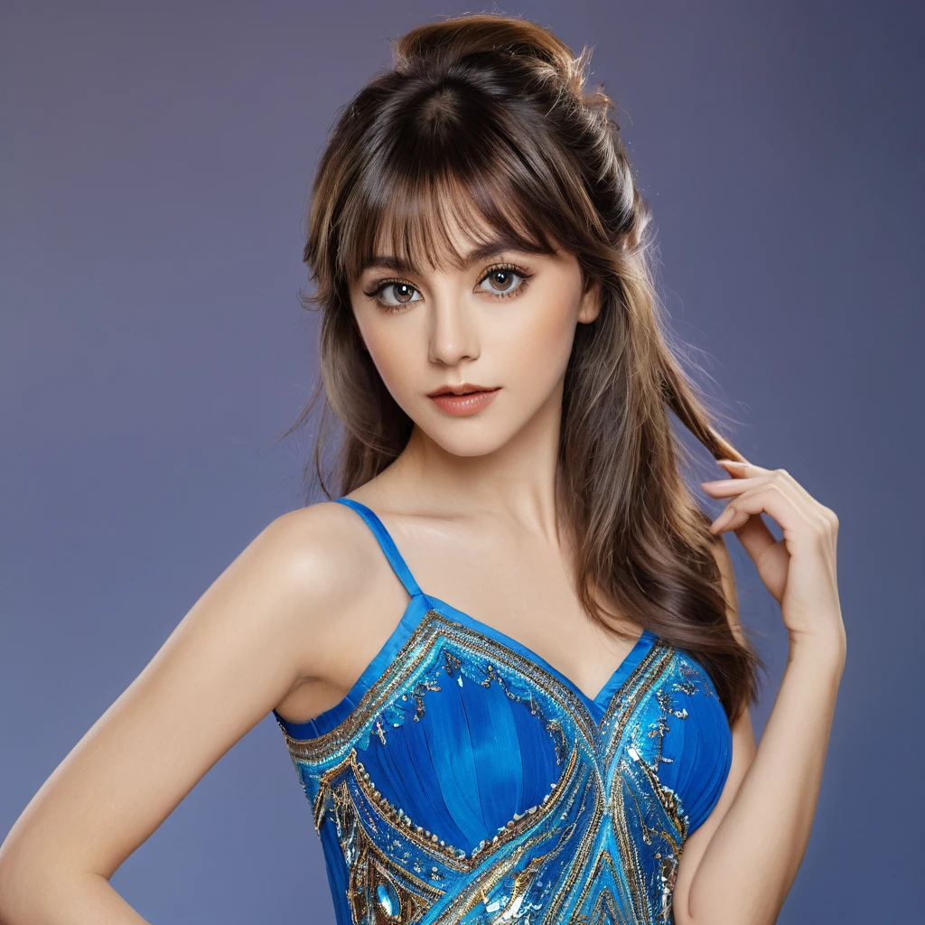 precise portrait, woman with a well-trimmed hairy and shaggy beard, medium-long brown hair with side bangs, hypnotizing brown eyes, blue dancer's dress