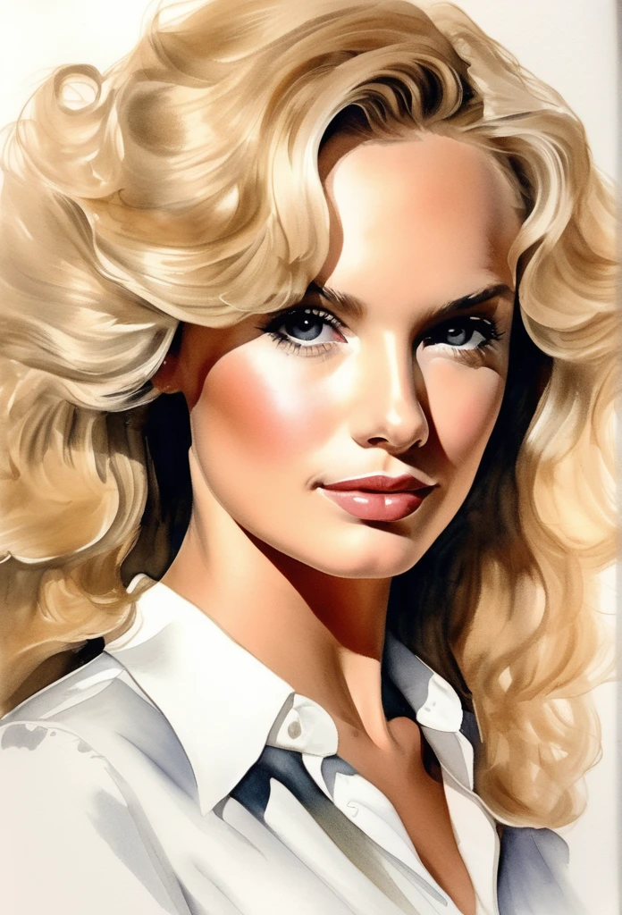 (MamieVanDoren)drawing of the face of a 35 year old woman,long curly blondehair,white satin shirt