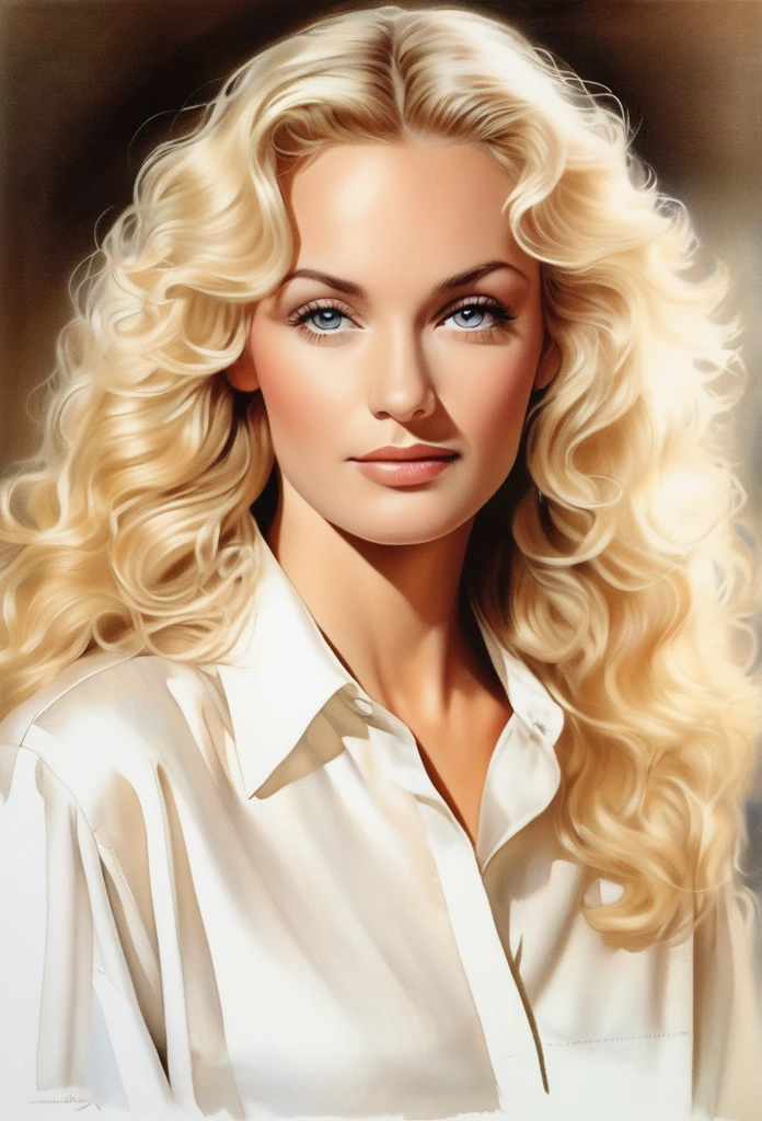 (MamieVanDoren)drawing of the face of a 35 year old woman,long curly blondehair,white satin shirt