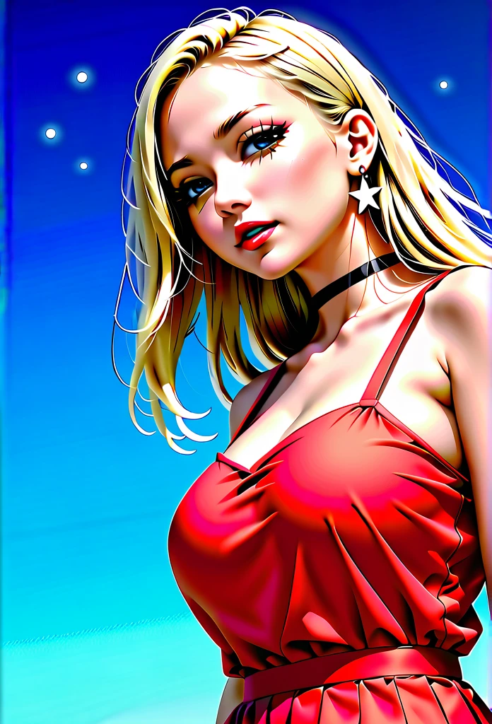 1 girl, fair_skin, ((blue_eyes)), white long hair, wearing a red summer dress, night with stars on the sky, looking at viewer, lower angle, wearing a black choker around her neck, wearing diamond earrings, soft skin, beautiful eyelashes, realistic background