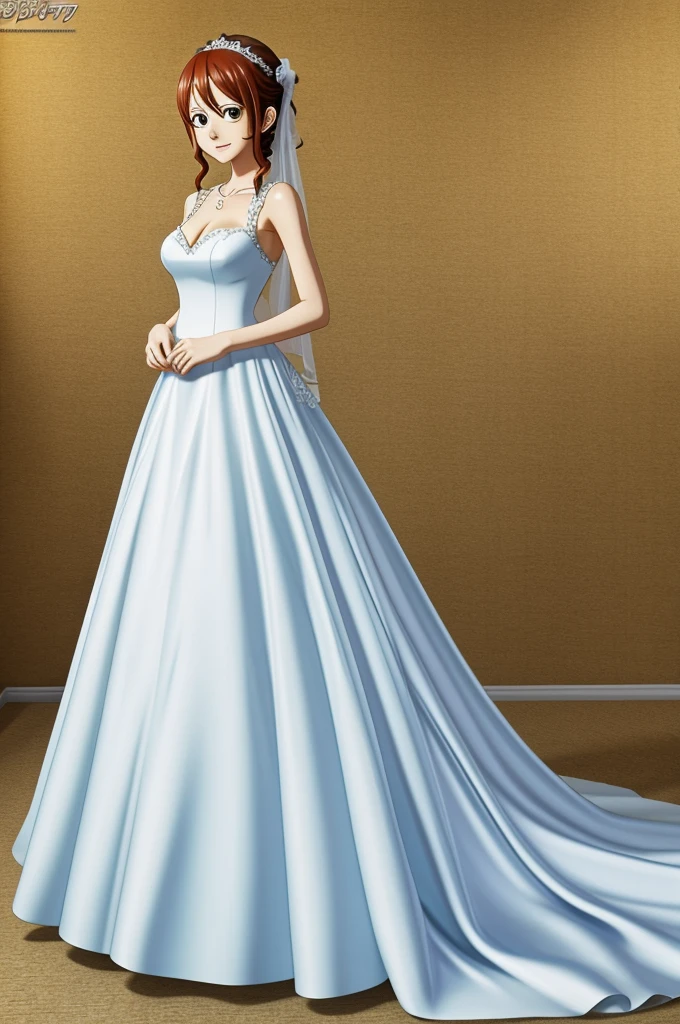 nami from one piece wearing a wedding dress in anime style