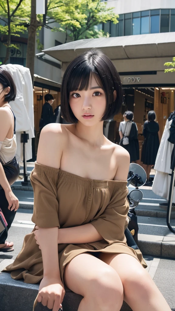 (High resolution:1.3), (16k, Photorealistic, Raw photo, Best image quality: 1.4), Japanese, (One Girl), Beautiful Face, (A vivid face), (Black-haired、short hair:1.3), Beautiful Hairstyles, Realistic eyes, Beautifully detailed eyes, (Realistic Skin), Beautiful skins, attractive, 超A high resolution, Surreal, High detail, Golden Ratio, Highly detailed cute girl,(20-year-old), Tokyo、Omotesando、Daytime、(Many passers-by:2.0), Off the shoulder