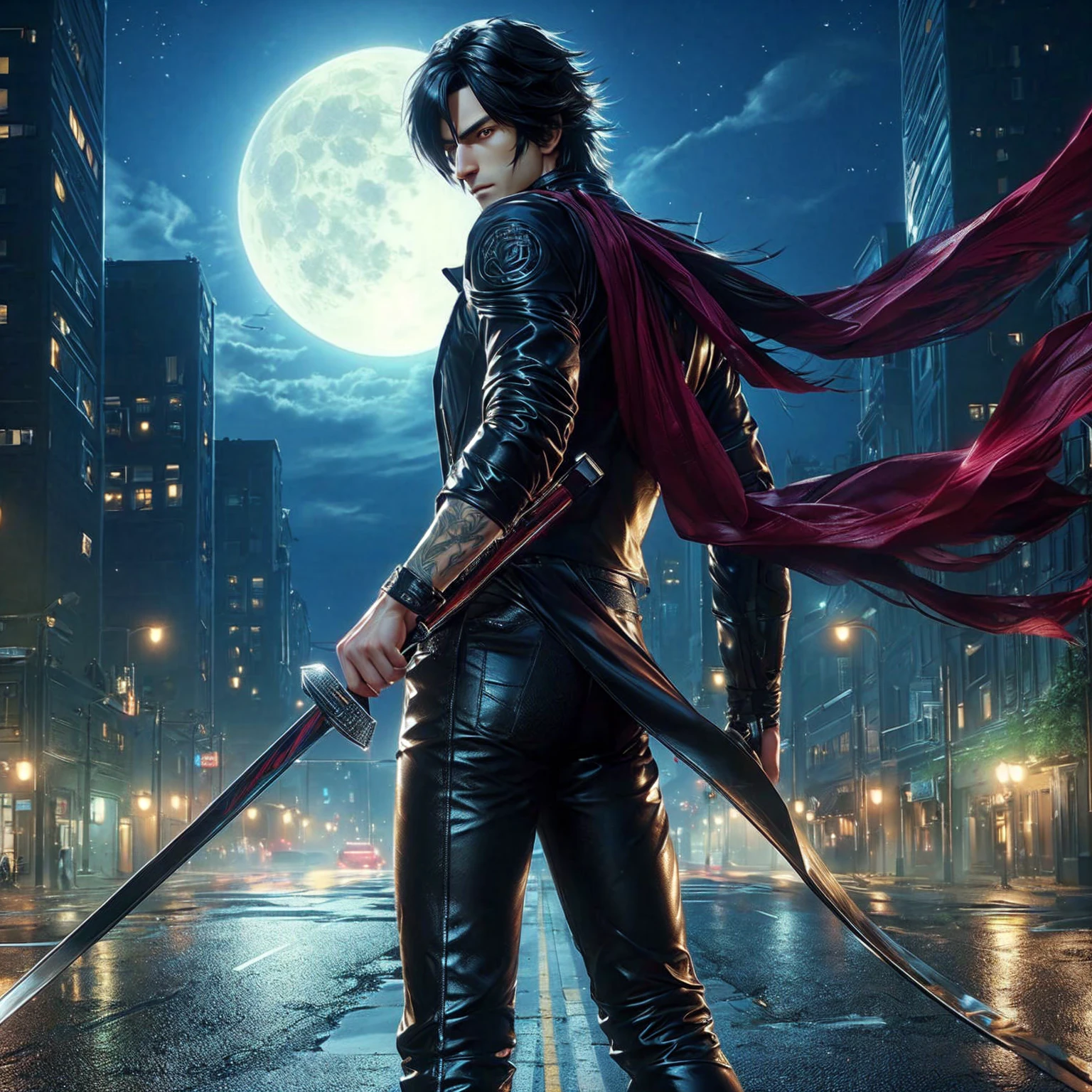 Black hair, tight black leather outfit. , , , ,Anime,Realistic man