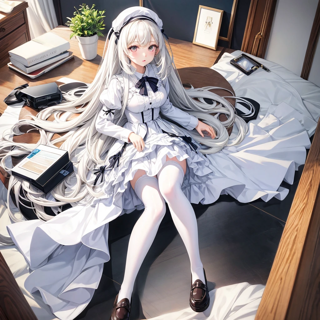 alone、1 girl、doll-joints、full body portrait、white skin,white pantyhose,white stockings,Medium breasts