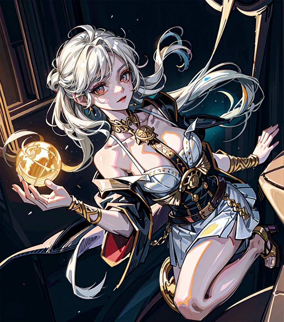 whole body, earring, medium hair, medium tits, tearful mole, dress, off-shoulder, bare collarbone, a beautiful fortune teller, ornate tarot cards, candlelit room, flowing robes,