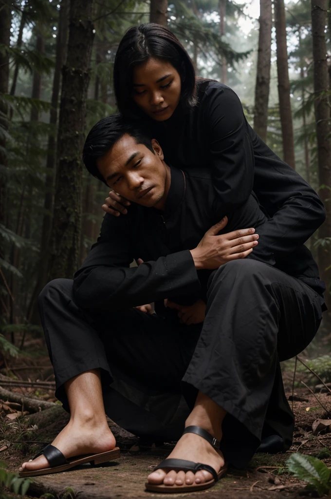 an Indonesian man wearing a black peci/peci sits on a piece of wood in the middle of a misty, almost forest-like atmosphere. The man was wearing a black silat uniform with silat trousers and black sandals. Behind the man, there is a magical figure of a woman's face hugging him and her mouth is elongated, giving the impression of licking the man's ear. The atmosphere is mysterious and surreal and below the image there is 3D text which says white horror text font 'MALAM JUM'AT' and the spelling of the text must be correct