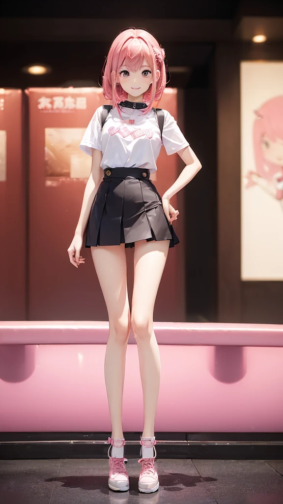 ((Full Body Shot: 1.5))、大きなsmile、Slim style、Slim, long, beautiful legs、Cute idol mini skirt、pretty pink hair、((The background is blurred and I can&#39;t see anything))、K-Pop Idol Costumes、Wearing tight kpop idol costumes, smile, （（（ＳＦＷ、sound、Highest quality、first-clasasterpiece、Normal body、8K、Detailed face、Ultra-precision、normal hand、normal finger、５finger、Highest）））、beautiful girl、Silver Hair、Odd Eye（green、black）、Shortcuts、Bobcut、High leg leotard、Colorful frill mini skirt、A bright ribbon on the right side of the head、Frill ribbon on chest、Large frill ribbon on the back、Invisible Sword、Shirai Hinako - Blue Reflection、Transform、Magical girl