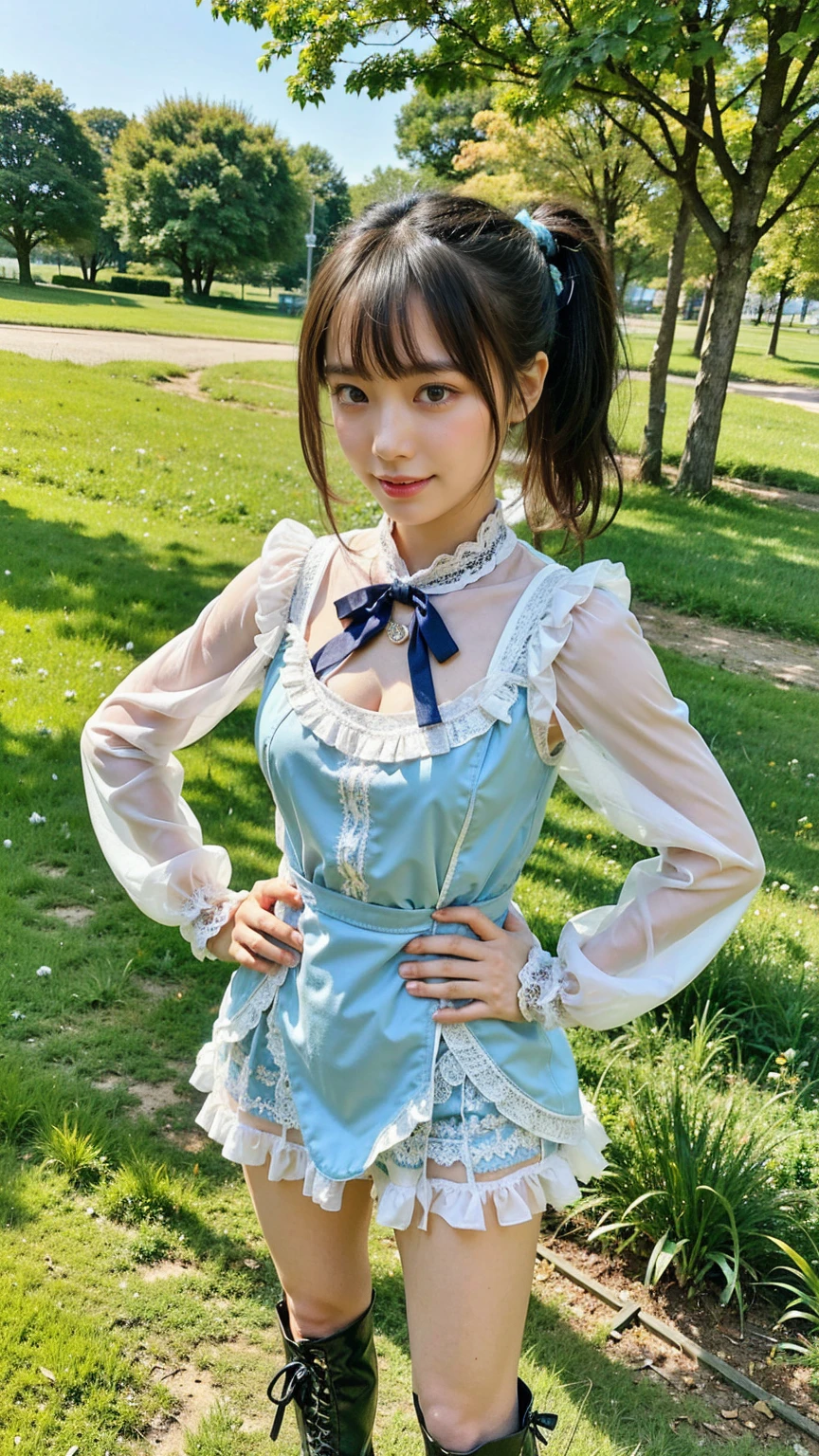 ultra high resolution, highest quality, Improvement of quality, super detailed, accurate color, , one person, ((The world of Alice in Wonderland, Stroll around the castle)), (Alice's Costume:1.3, long sleeve:1.2), (cute hair accessories), cute face, detailed face, medium breasts, perfect style, white skin, long straight hair, (two side up hairstyle:1.3)、(light brown hair:1.5), (The wind blows my skirt and silky hair against gravity.:1.8), (nffsw++:1.10), (RAW photo), (beautiful lighting of nature:1.3), (Light your face:1.3), (Panty shot:1.3、sexy underwear:1)、(looking at the camera:1.4)、(correct anatomy:1.3)、(correct hand shape:1.3)、(Correctly shaped fingertips:1.5)、(Moisturizing lips:1.2)、(Exuberant:1.5)