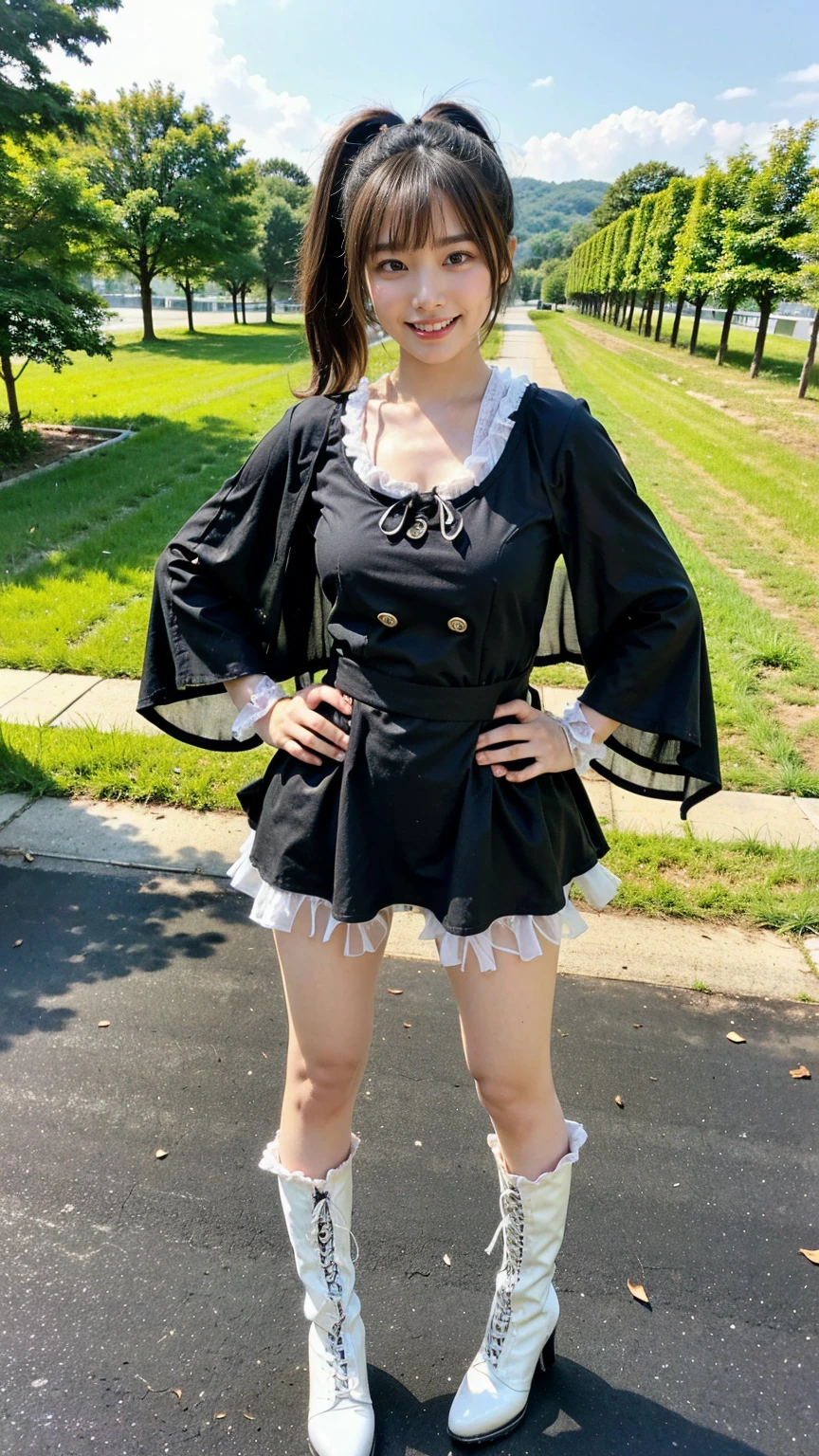 (8K、RAW Photos、Highest quality、masterpiece:1.2)、(Highest quality、Realistic)、1 Girl、((ribbon、ponytail、Sweater Moon Costume、See-through、Frills、Big Breasts、Breast enlargement、smile、Light blue and black、Lace cloak、mini skirt、Thin legs、whole body、boots、garden、View from the front、Looking into the camera、Idol Costume、Stand with hands on hips))、cute