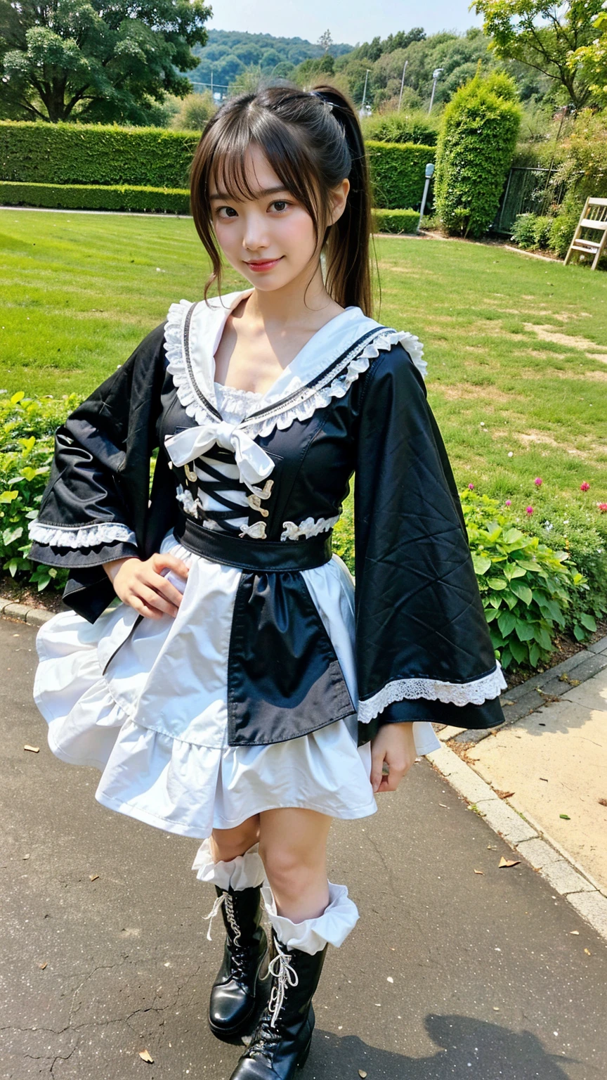 (8K、RAW Photos、Highest quality、masterpiece:1.2)、(Highest quality、Realistic)、1 Girl、((ribbon、ponytail、Sweater Moon Costume、See-through、Frills、Big Breasts、Breast enlargement、smile、Light blue and black、Lace cloak、mini skirt、Thin legs、whole body、boots、garden、View from the front、Looking into the camera、Idol Costume、Stand with hands on hips))、cute