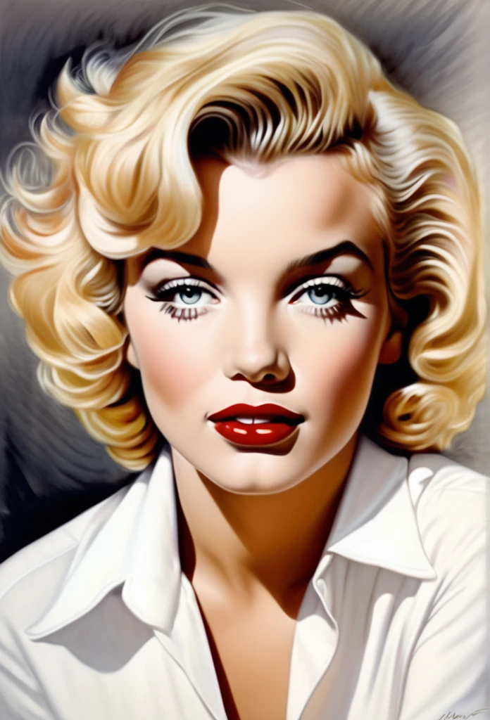(MarilynMonroe)drawing of the face of a 35 year old woman,short curly blonde hair,white satin shirt