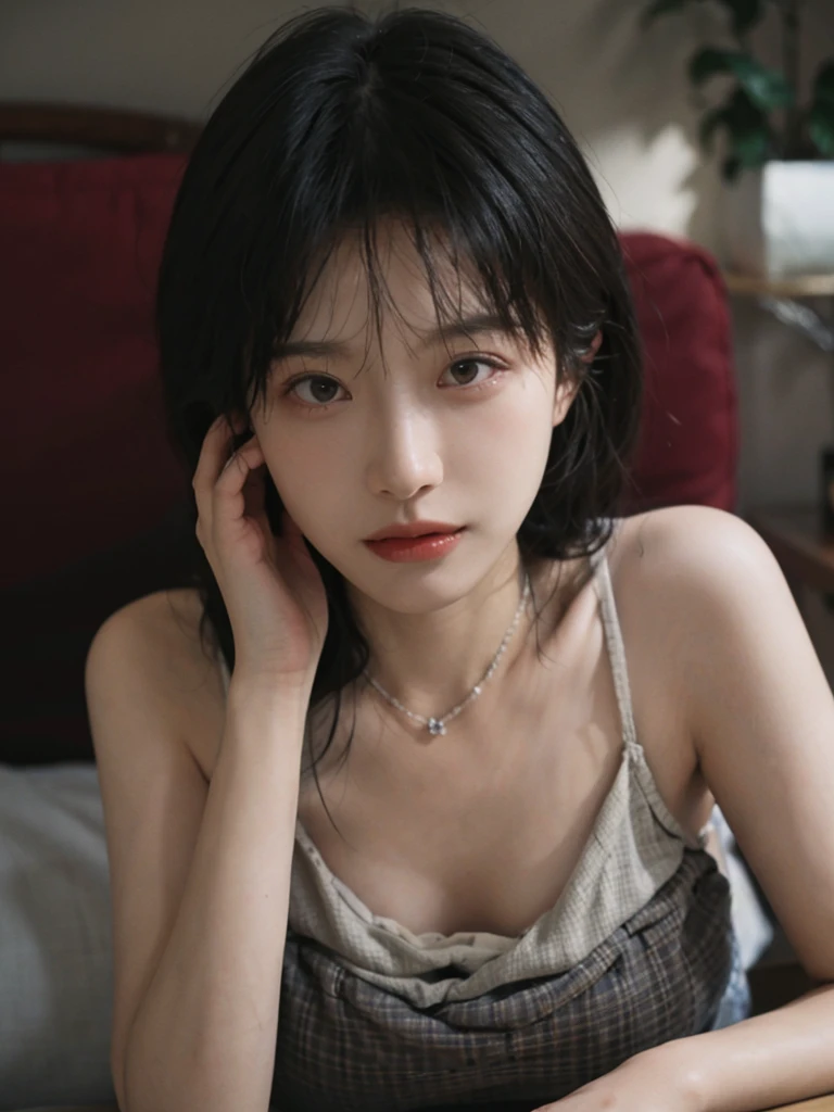 Film portrait photography, 2 girls, Bare shoulders,Lipstick,(flat chest:1.4), Wear a necklace,Cute expression,Exquisite makeup,Red suspenders,serene, calm, (Realistic and detailed eyes, Natural skin texture, Realistic facial details), Big breasts:1.6,Big Breasts,Soft dramatic lighting, Depth of Field, Bokeh, Vibrant details, Detailed and detailed, Surreal, 35mm film, hazy, pregnant