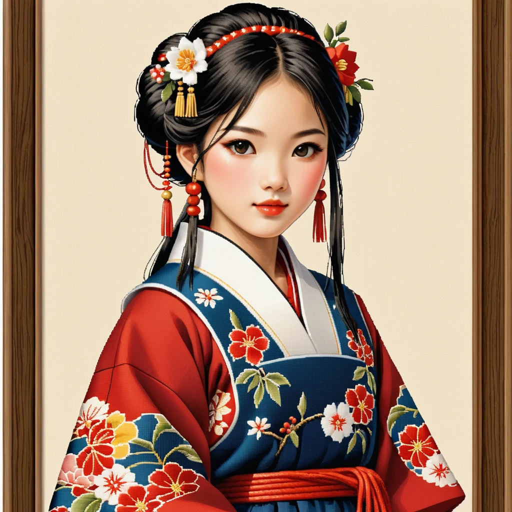 cross stitch pattern, japanese girl in folk outfit