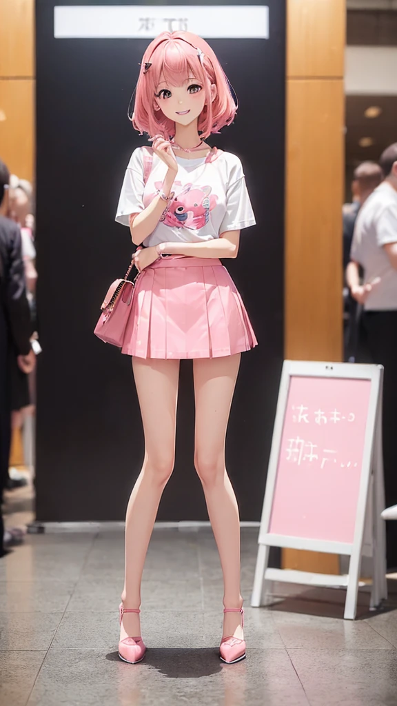 ((Full Body Shot: 1.5))、大きなsmile、Slim style、Slim, long, beautiful legs、Cute idol mini skirt、pretty pink hair、((The background is blurred and I can&#39;t see anything))、K-Pop Idol Costumes、Wearing tight kpop idol costumes, smile, （（（ＳＦＷ、sound、Highest quality、first-clasasterpiece、Normal body、8K、Detailed face、Ultra-precision、normal hand、normal finger、５finger、Highest）））、beautiful girl、Silver Hair、Odd Eye（green、black）、Shortcuts、Bobcut、High leg leotard、Colorful frill mini skirt、A bright ribbon on the right side of the head、Frill ribbon on chest、Large frill ribbon on the back、Invisible Sword、Shirai Hinako - Blue Reflection、Transform、Magical girl