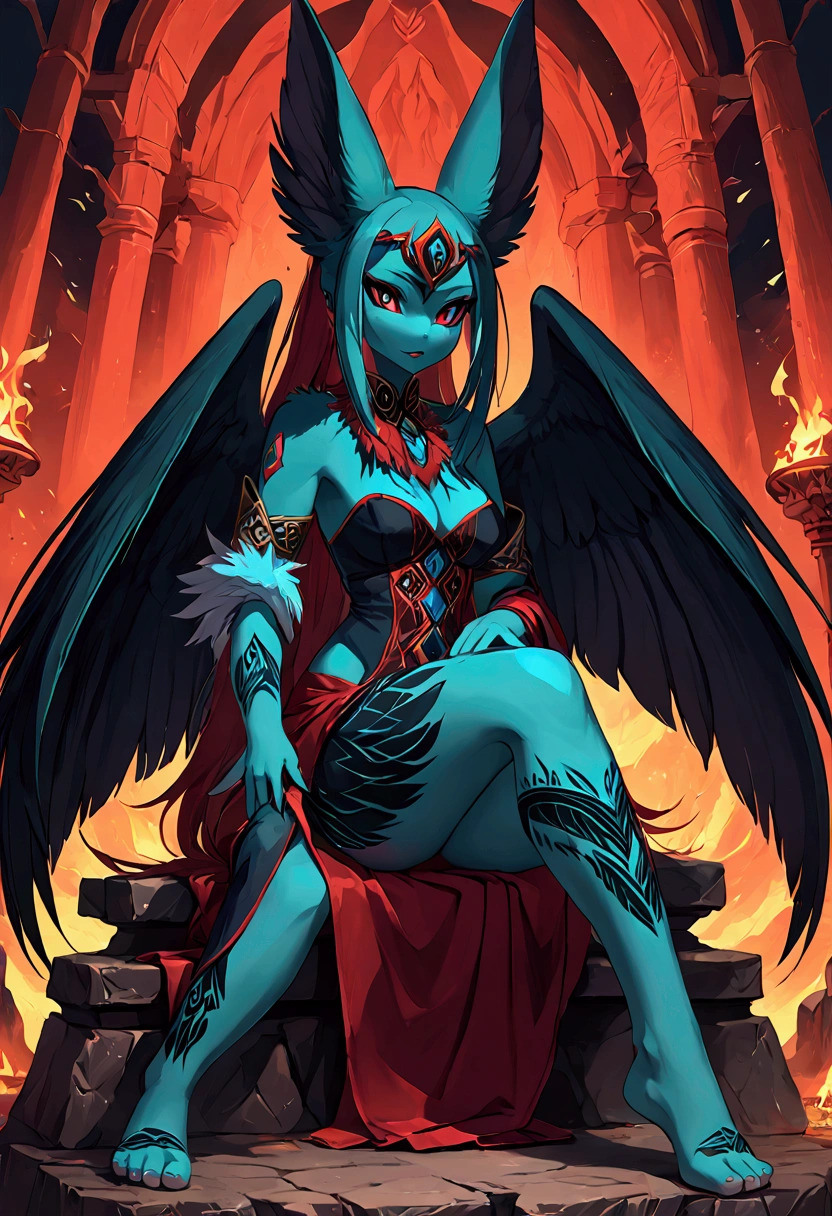 Miku Hatsune x kitsune add high definition_detail:1, blue fur, tribal tattoo add_detail:1, in hell add_detail, barefoot, the same, giant black feather wings_detail:1 ,alas hermosas la mejor calidad y detail en las plumas, red saturation light, evil empress, sitting on a throne of skulls_detail:1