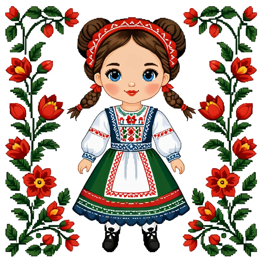 cross stitch pattern, hungarian girl in folk outfit