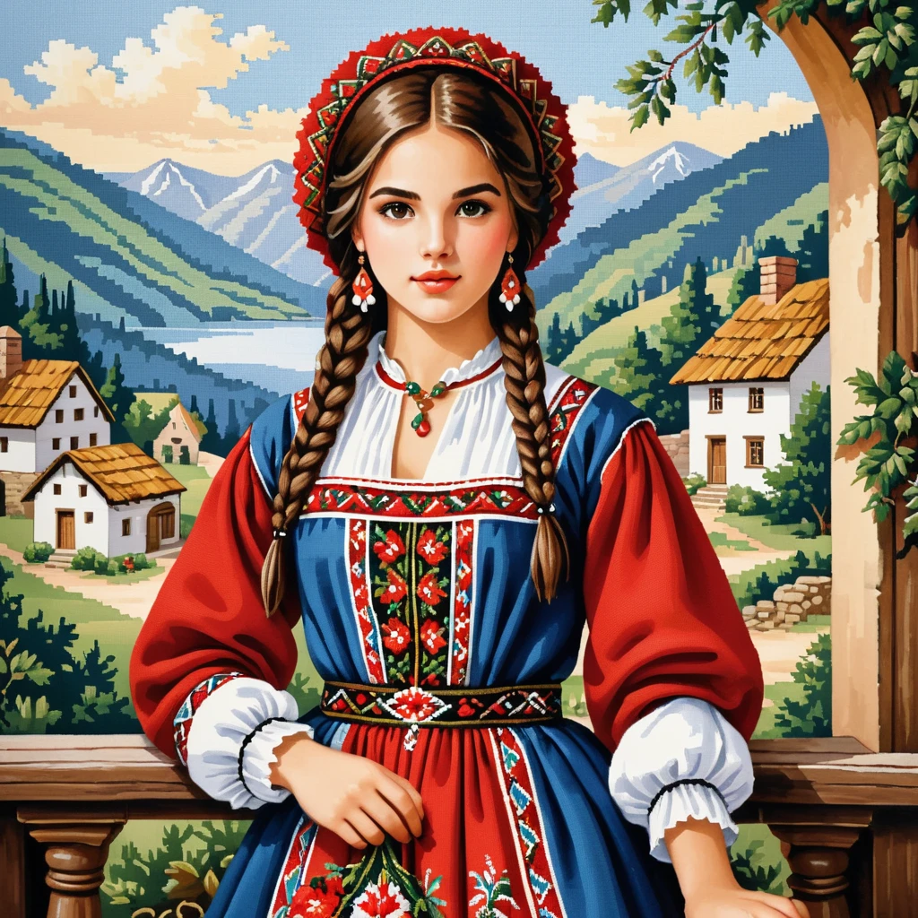 cross stitch pattern, georgian girl in folk outfit