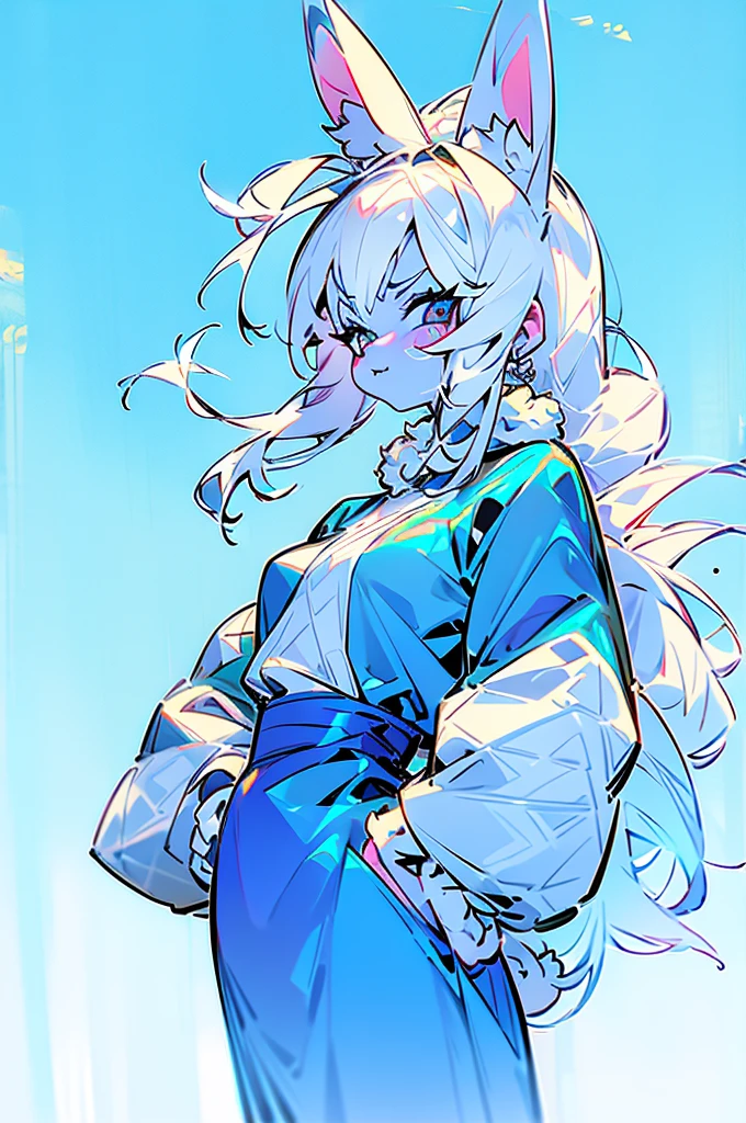 cute rabbit furry girl, furry female, rabbit ears, blue dress, white skin, in forest, looking at viewer, angry, hands on hips,