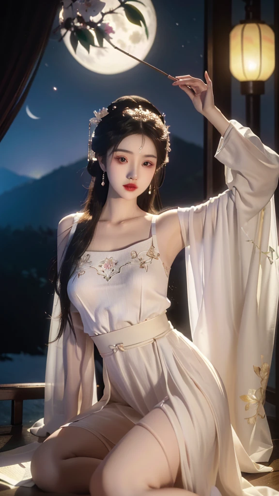 ((knee shot)), red lips, a mature woman, Exquisite makeup, ethnic style, lifelike、real picture、((realistically:1.5))、White phalaenopsis around hair,Lilac dendrobium、White Lily、1 girl、brown hair、flowing hair、plump breasts, slim, Slender sexy legs, Charming legs, strike an elegant pose, Have extremely beautiful facial features、hairpins on head、perfect hands、(night、moon、cliff)、 vector art、Chinese contemporary art、soft light、look down