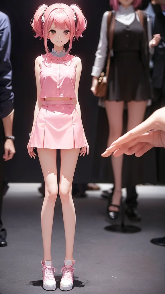 ((Full Body Shot: 1.5))、大きなsmile、Slim style、Slim, long, beautiful legs、Cute idol mini skirt、pretty pink hair、((The background is blurred and I can't see anything))、K-Pop Idol Costumes、Wearing tight kpop idol costumes, smile, (((SFW、sound、Highest quality、first-clasasterpiece、Normal body、8K、Detailed face、Ultra-precision、normal hand、normal finger、5finger、Highest)))、beautiful girl、Silver Hair、Odd Eye(green、black)、Shortcuts、Bobcut、High leg leotard、Colorful frill mini skirt、A bright ribbon on the right side of the head、Frill ribbon on chest、Large frill ribbon on the back、Invisible Sword、Shirai Hinako - Blue Reflection、Transform、Magical girl