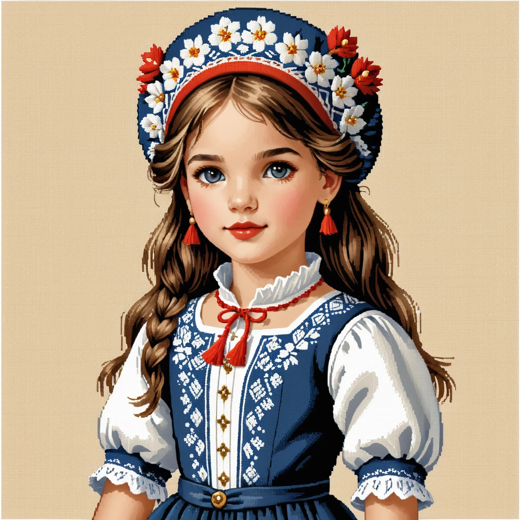 girl in Ukrainian folk clothes, vyshyvanka, and a skirt to mid-thigh with russian flag, she stay on her knees and keep an russian flag
